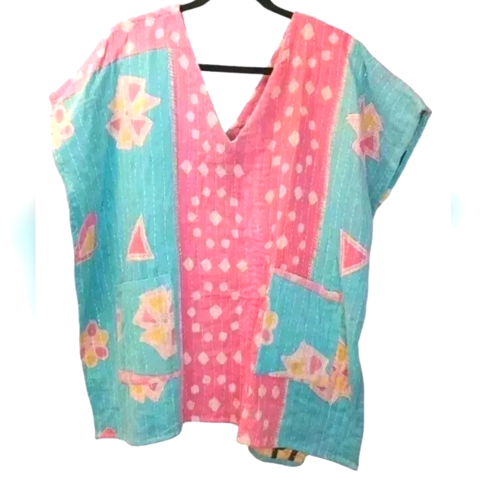 Kantha Patchwork Kimono V-neck Poncho Top Colorful Patch Pockets Woman One Sz #T